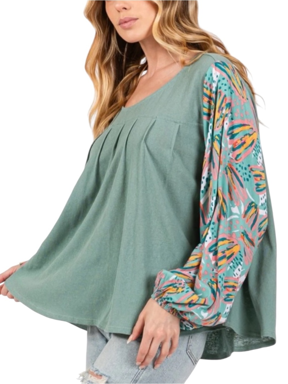 NWT Sage + Fig Pleated Front Balloon Sleeve Boho Top Sage Green M - Picture 4 of 9